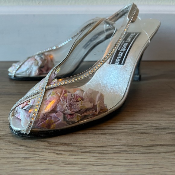 STUART WEITZMAN Clear Peep Toe Sling Back Silver Vintage Heels - Picture 8 of 15